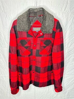 Pendleton Men’s Large Sherpa Collar Buffalo Plaid Wool Jacket Red Black